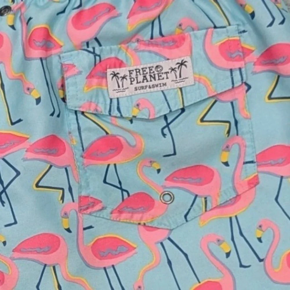 Free Planet‎ Men's Flamingo Swim Trunks Blue Large Elastic Drawstring Waist
